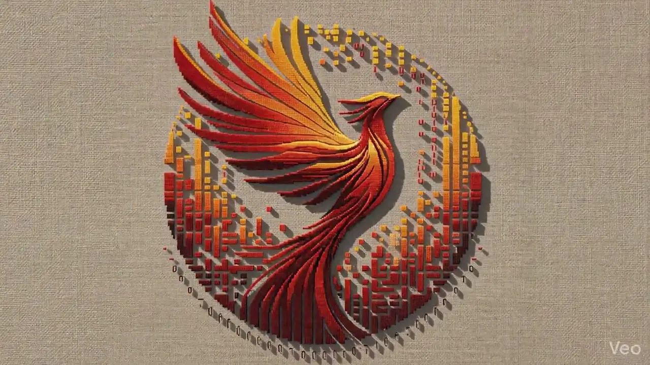 The Structured Emergence phoenix, made of small tiles, rising inside a circle on linen